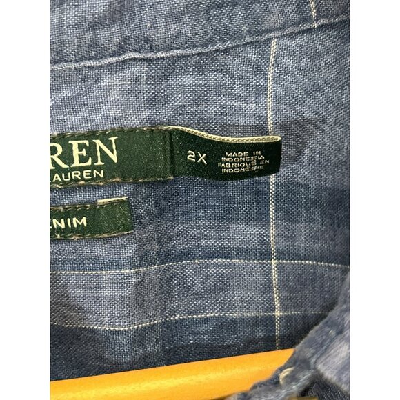 Lauren Ralph Lauren 2X Blue Plaid Linen Shirt Long Sleeve Button-Up Quiet Luxury - Picture 3 of 6